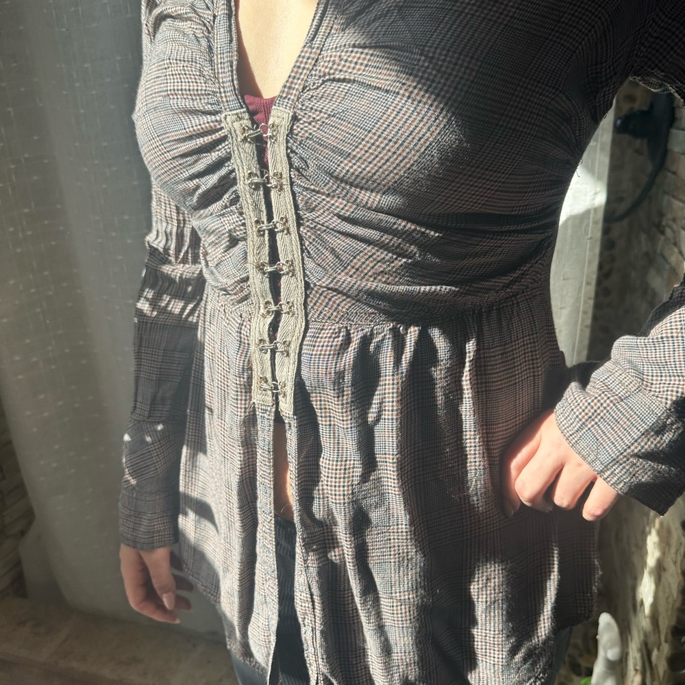 Freepeople Plaid Ruched Front Long Sleeve Women’s Dress - Gray